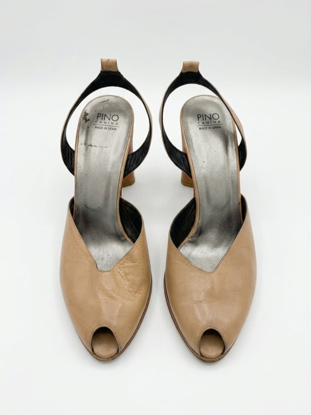 PINO  CARINA -  Nude Leather Peep-Toe Slingback Block Heels – Size 39